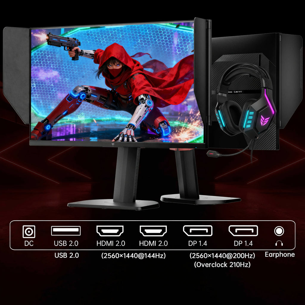 Black 27-inch gaming monitor with detachable side shielding hood and adjustable stand