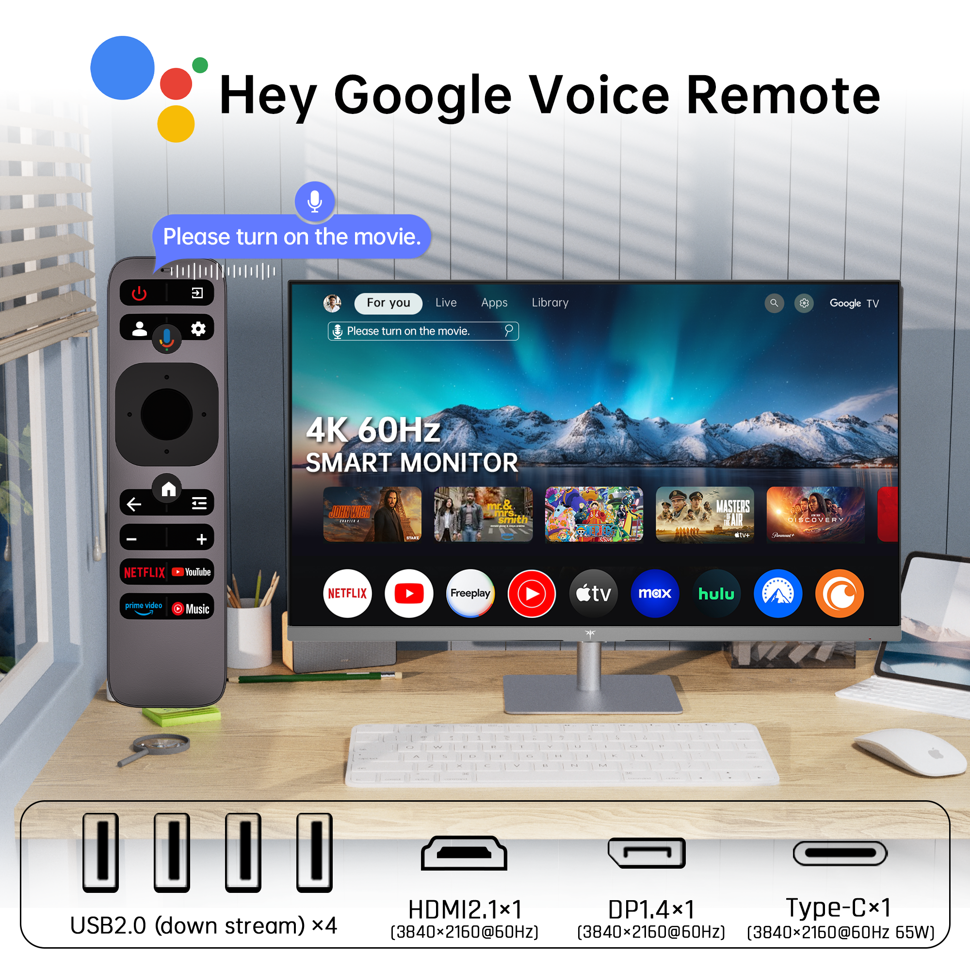 KTC 32-inch 4K smart monitor with Google TV, Netflix, Dolby Audio, and USB-C hub