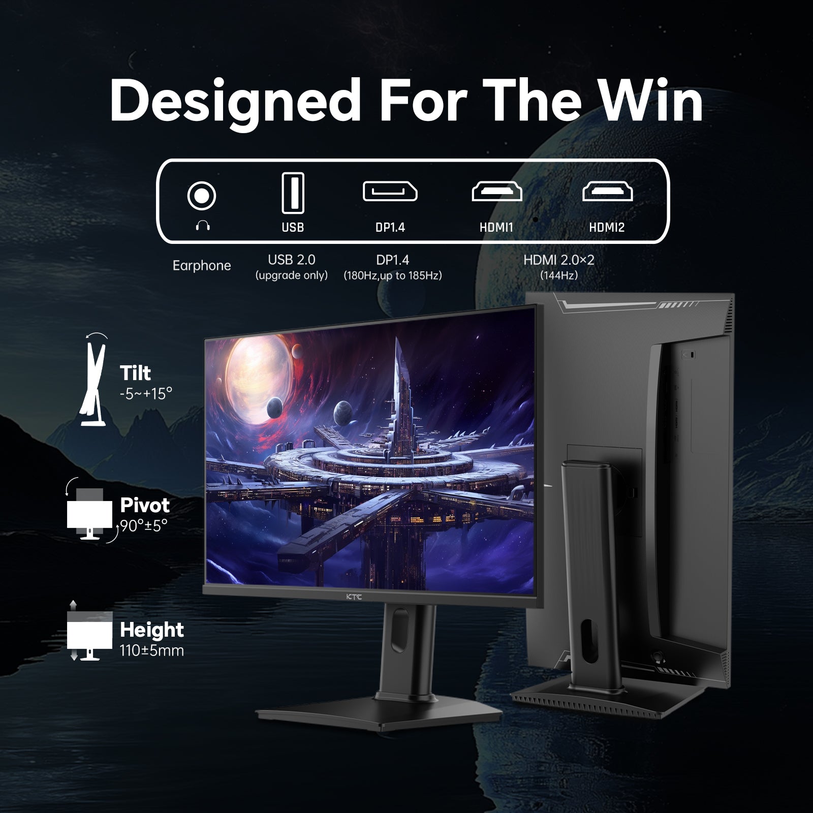 KTC 24-inch 2K HDR400 gaming monitor with slim black bezel and on-screen feature highlights