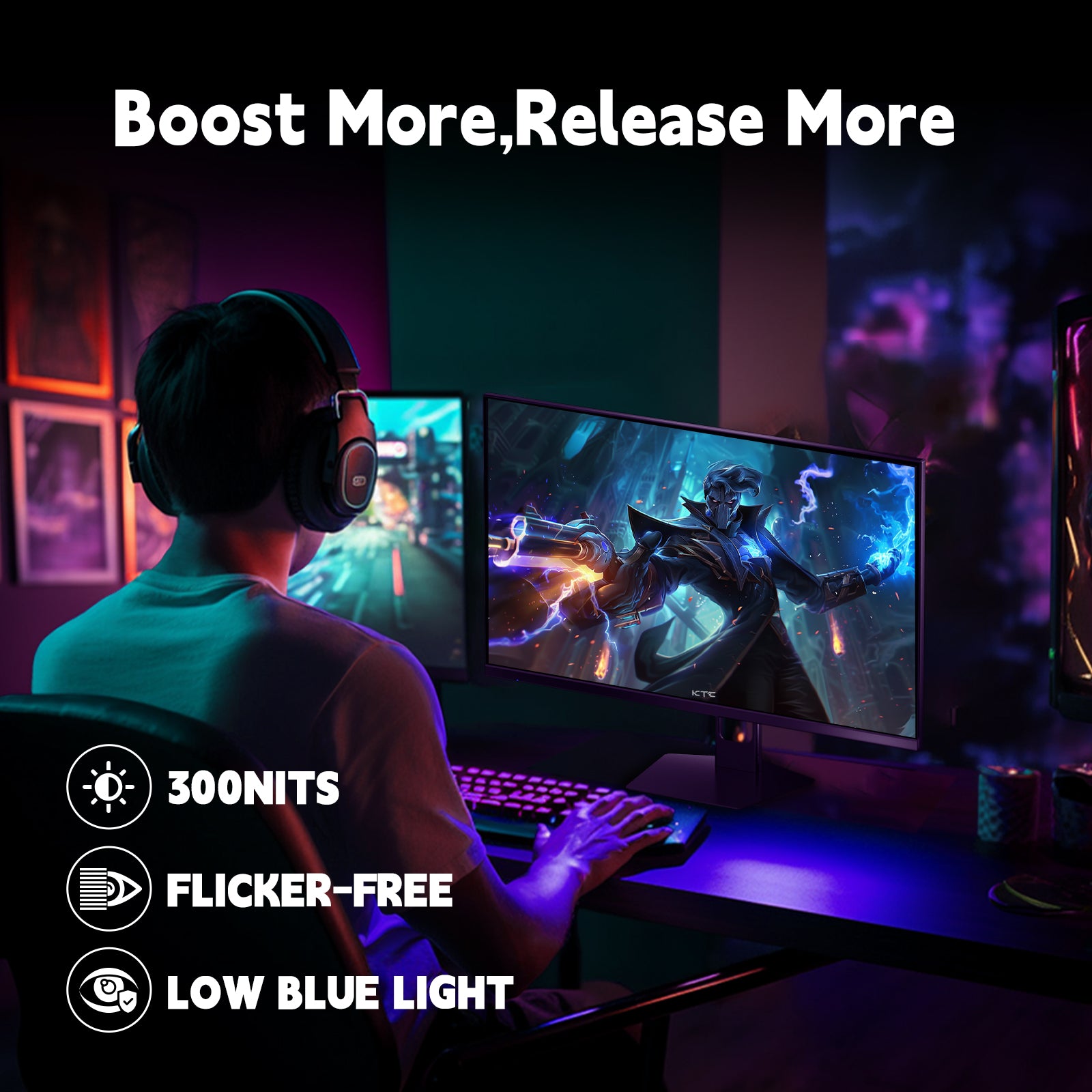 KTC 27-inch FHD gaming monitor with slim black bezel and tilt stand, wall-mount ready