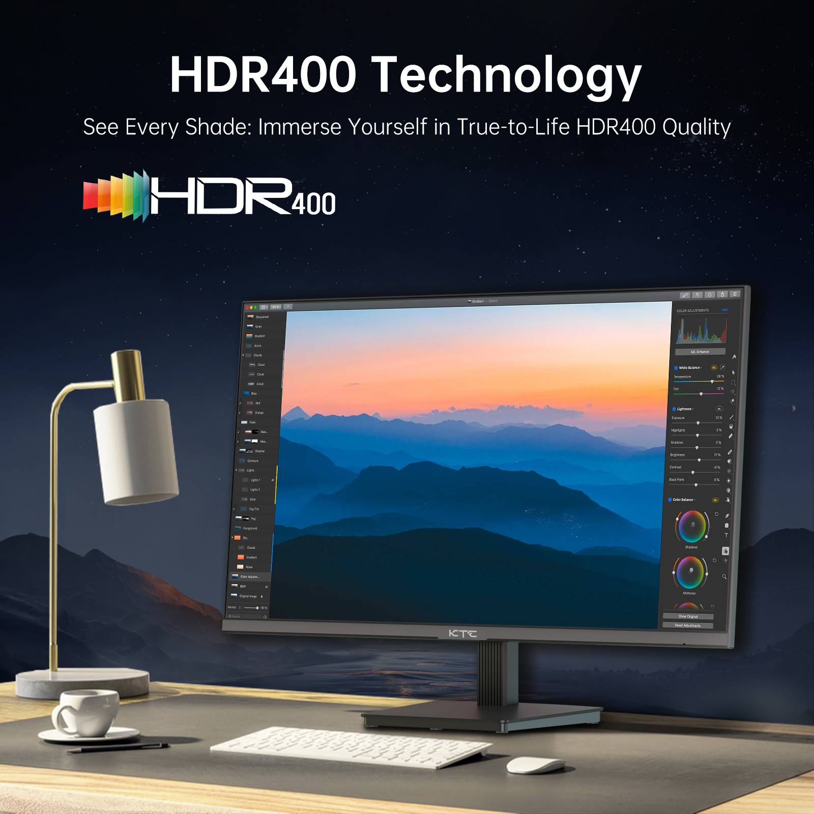 KTC 27-inch 4K IPS monitor on a stand with thin bezels and blue abstract display