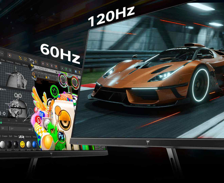 Dual-mode display switching between 60Hz office work and 120Hz gaming, showing productivity and gaming scenes side by side