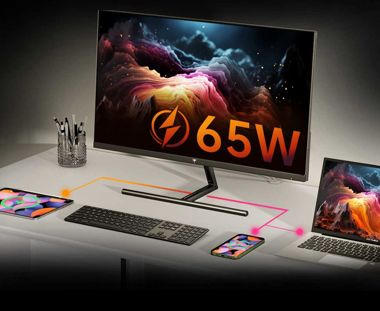 65W reverse fast charging monitor powering multiple devices through single cable, all-in-one connectivity solution