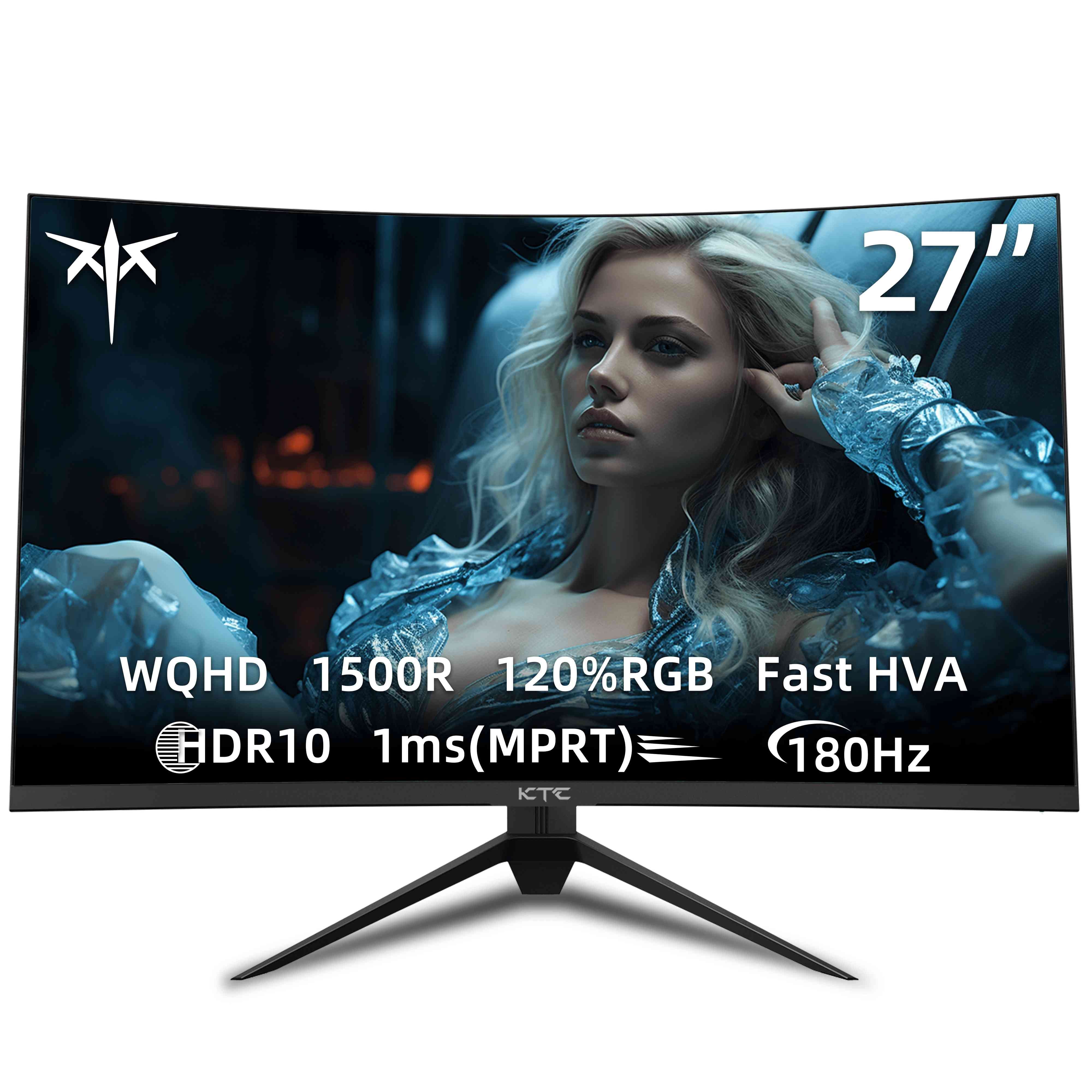 KTC 27-inch curved gaming monitor showing 2K gameplay, platinum-silver narrow bezels