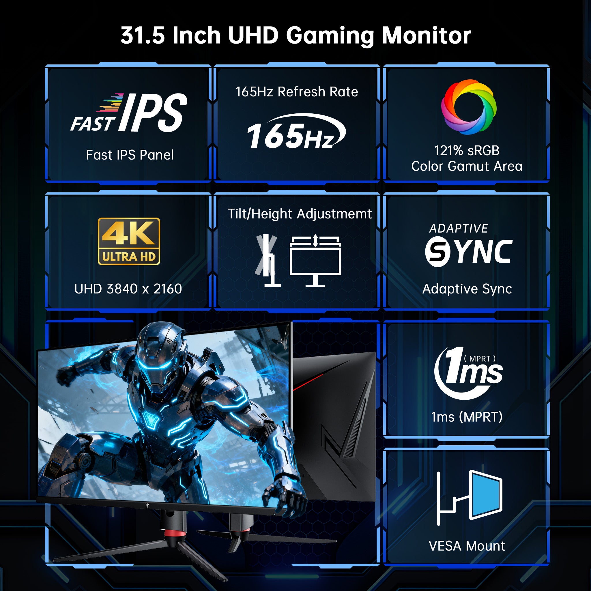 KTC 32-inch 4K gaming monitor with 165Hz, 1ms response, Adaptive Sync, and VESA mount