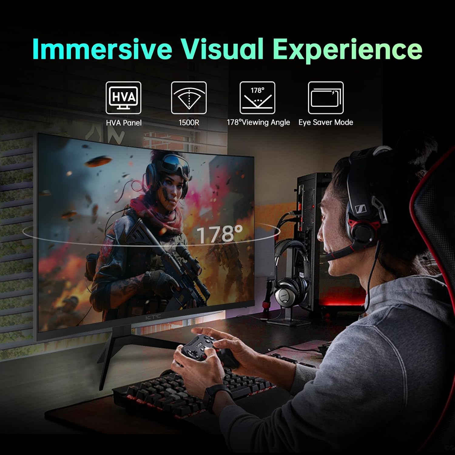 KTC 32-inch curved gaming monitor with platinum silver stand and narrow bezel