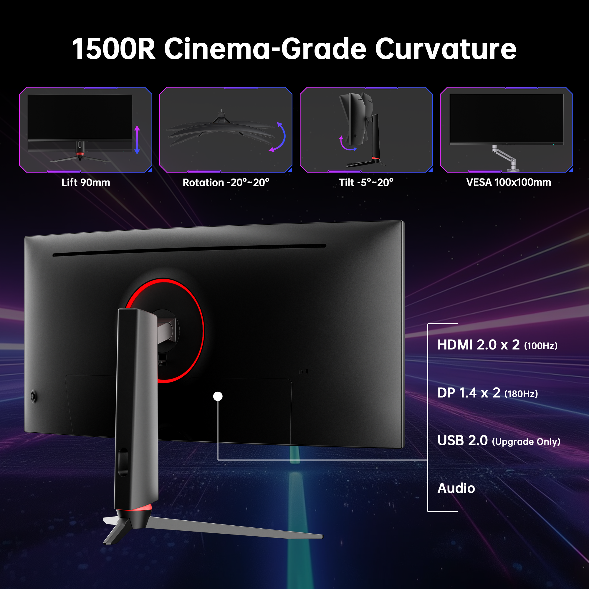 KTC 34-inch curved gaming monitor interface with HDMI, DP, USB and audio ports